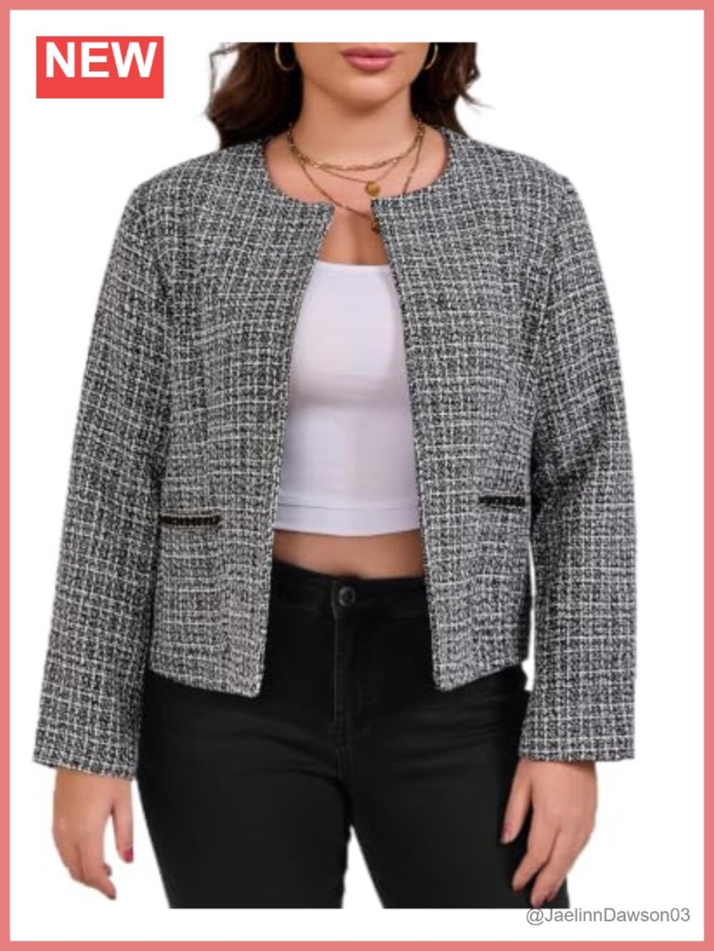 Plus Size Collarless Open Front Tweed Blazer Work Business Casual